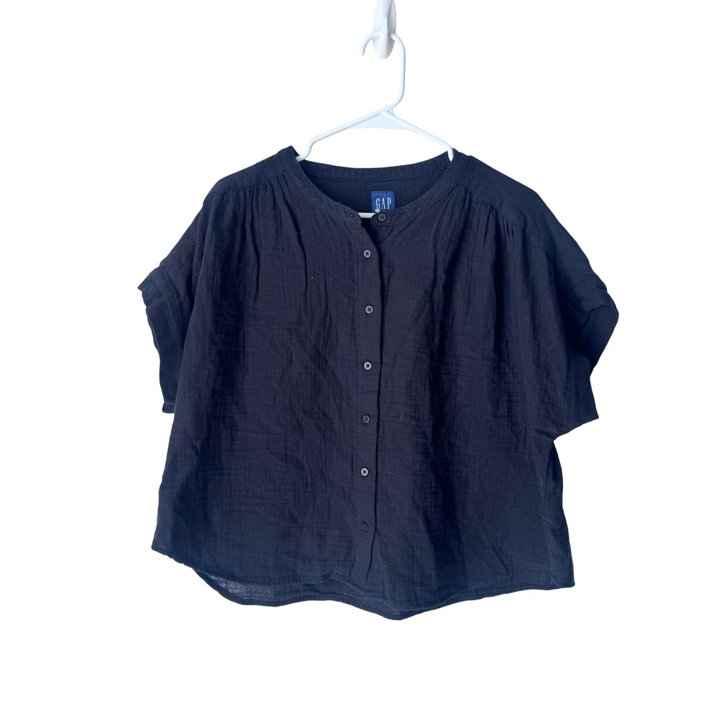 GAP Women Black Double Gauze Short Sleeve Button Down Top M 718359-01-1